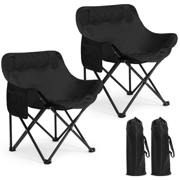 2 Pack Folding Moon Camping Chairs, Portable Outdoor Lawn Chair with Carry Bag, Carbon Steel Frame Supports 330lbs for Picnic Beach,Black-Solid Color