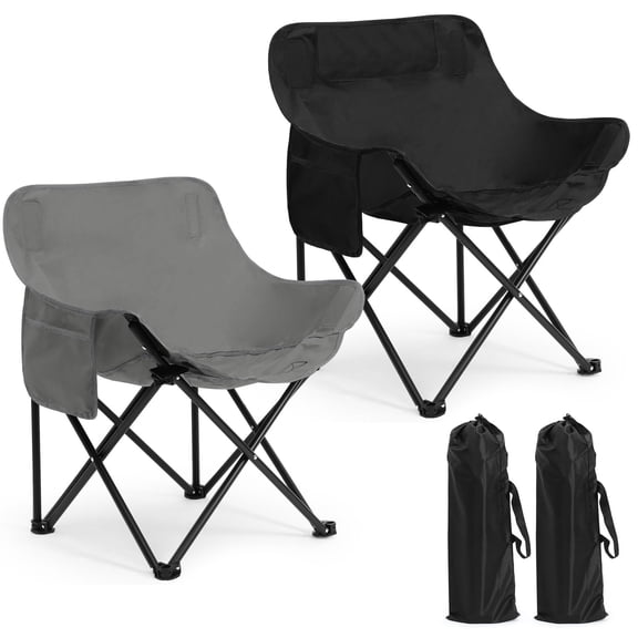 2 Pack Folding Moon Camping Chairs, Portable Outdoor Lawn Chair with Carry Bag, Carbon Steel Frame Supports 330lbs for Picnic Beach,Gray, Black-Solid Color