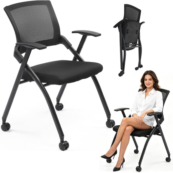 2 Pack Folding Office Chair with Wheels, Black Ergonomic Mesh Stackable Conference Room Guest Chair Stool for Waiting, Schools, Reception, Events, Capacity 350lbs