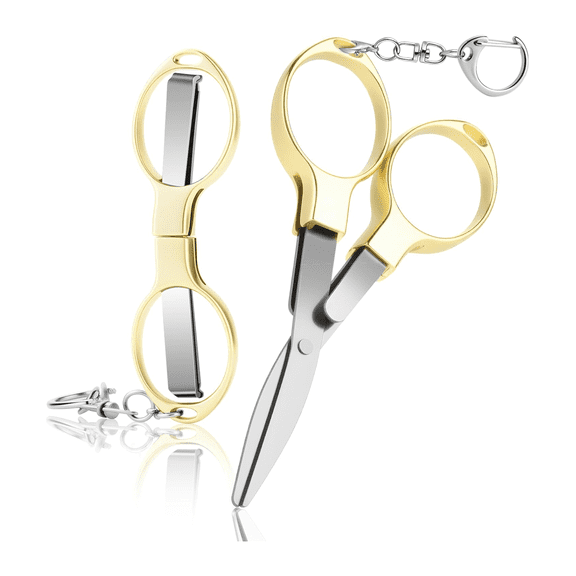 2-Pack Folding Scissors with Detachable Keychain Clips, Compact Portable Mini Scissors with Rounded Tips for Travel, Fishing, Sewing and Everyday Cutting, Gold Tone