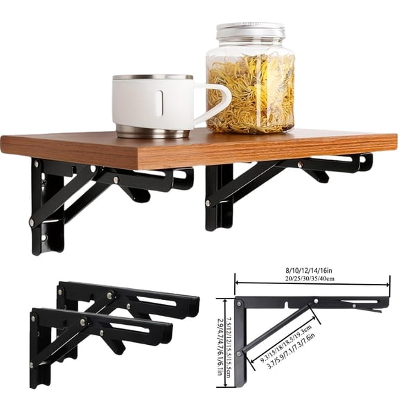 2 Pack Folding Shelf Bracket 8 Inch Wall Mounted Support for Storage, Heavy Duty Collapsible L-Bracket for Shelves Workbench Garage - Black