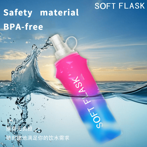 2- Pack Folding Soft Flask Portable Collapsible Running Lightweight Water Bottle for Outdoor Sports,Travel with Mouthpeice Cover - Ideal for Hiking Cycling Climbing (500ml/16.9oz, Pink Blue)