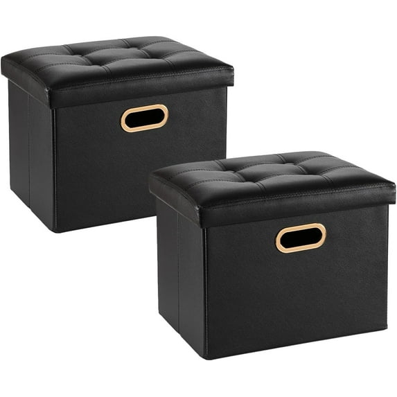 2 Pack Folding Storage Ottoman, 16 inch PU Leather Small Ottoman with Storage Foldable, Set of 2 Faux Leather Foot Stool Support 260lbs for Living Room, Bedroom, Hallway, Black