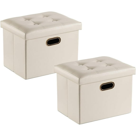2 Pack Folding Storage Ottoman, 16 inch PU Leather Small Ottoman with Storage Foldable, Set of 2 Faux Leather Foot Stool Support 260lbs for Living Room, Bedroom, Hallway, Cream