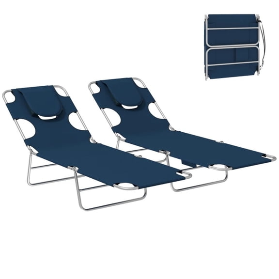 2 Pack Folding Sun Lounger, 5-Position Adjustable Recline Beach Chair with Face Cavity & Arm Slots, Powder-Coated Steel Frame Supports 264lbs, Weather-Resistant Oxford Fabric with Side Pocket