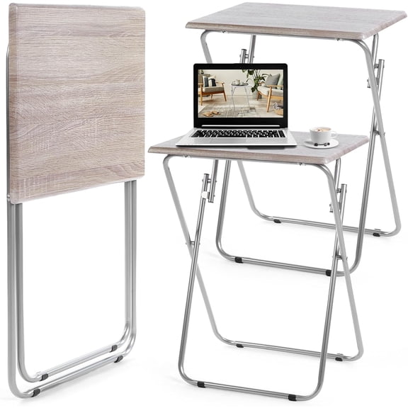 2 Pack Folding TV Tray Tables No Assembly Required 18.9 x 15 x 26 in Dinner Table Foldable Snack End Table for Bed Couch Eating Living Room Bedroom (Light Brown)