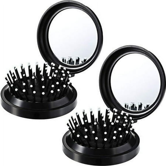 2 Pack Folding Travel Mirror Hair Brushes Round Folding Pocket Hair Brush Mini Hair Comb Compact Travel Size Hair Massage Combor Women and Girls (Black)