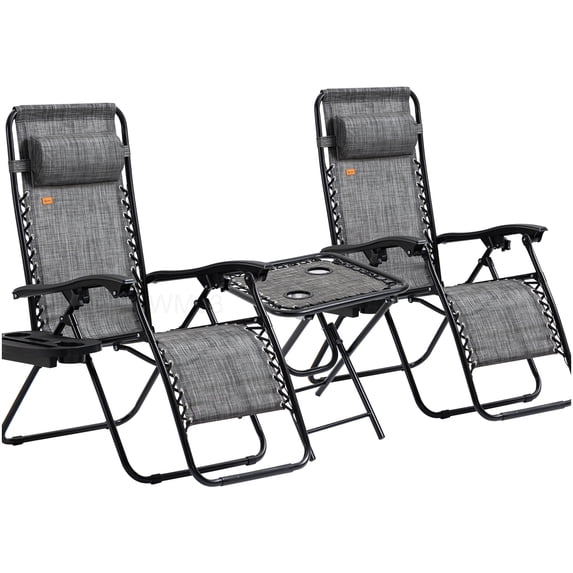 2 Pack Folding Zero Gravity Chairs with Side Table, Outdoor Recliners with Cup Holders and Pillows for Patio, Lawn, Poolside and Beach, Gray Steel Frame