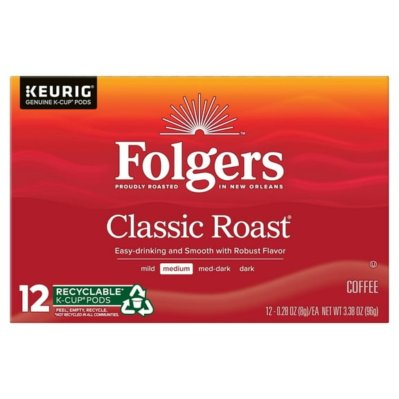 2X - Folgers Classic Roast Medium Roast Coffee, 12 Keurig K-Cup Pods