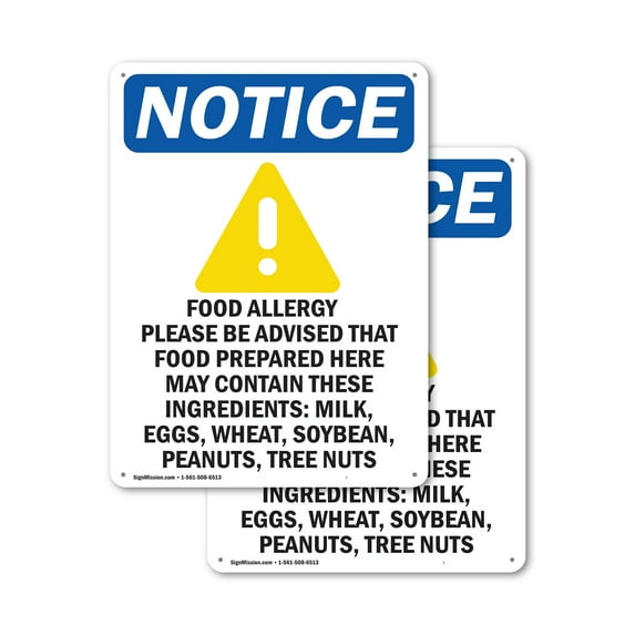 (2 Pack) Food Allergy Notice OSHA Notice Sign 12 Inch X 18 Inch Indoor / Outdoor Rust-Free Aluminum Metal Signs for Workplace, Workshop, and Construction Site, Made in the USA