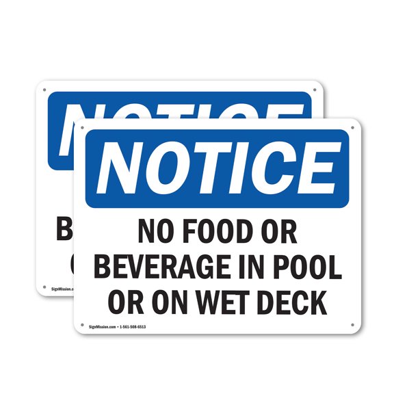 (2 Pack) No Food Or Beverages In Pool Or On Wet Deck OSHA Notice Sign 14 Inch X 10 Inch Plastic Sign, Weather Resistant, UV Protected for Workplace, Business, and Construction Site,