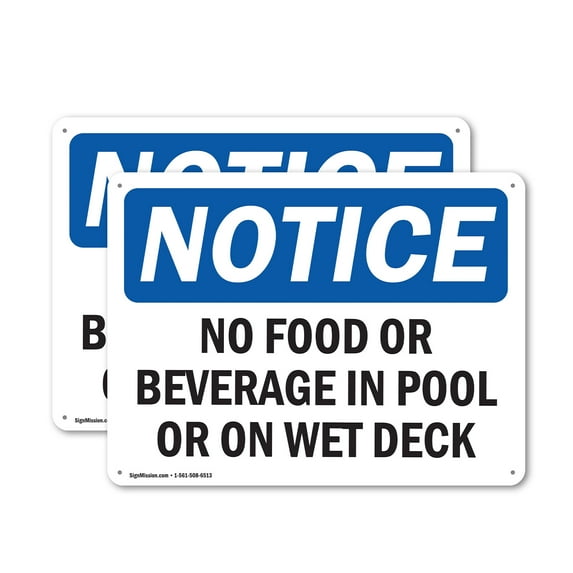 (2 Pack) No Food Or Beverages In Pool Or On Wet Deck OSHA Notice Sign 18 Inch X 12 Inch Indoor / Outdoor Rust-Free Aluminum Metal Signs for Workplace, Workshop, and Construction Site,