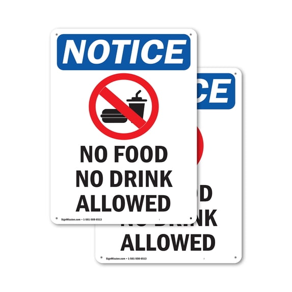 (2 Pack) No Food No Drink Allowed OSHA Notice Sign 12 Inch X 18 Inch Plastic Sign, Weather Resistant, UV Protected for Workplace, Business, and Construction Site, Made in the USA