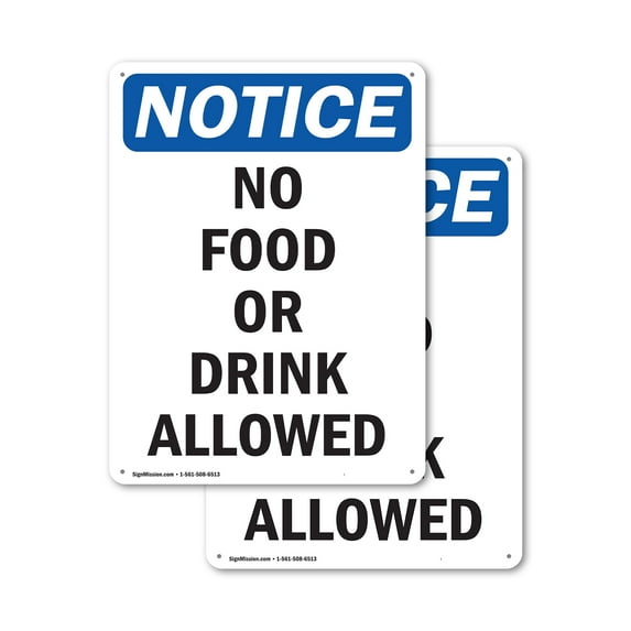 (2 Pack) No Food Or Drink Allowed OSHA Notice Sign 7 Inch X 10 Inch Indoor / Outdoor Rust-Free Aluminum Metal Signs for Workplace, Workshop, and Construction Site, Made in the USA