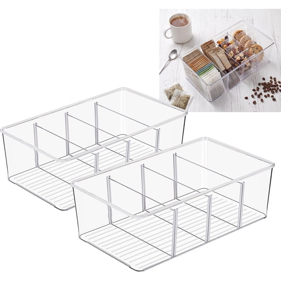 Clear Food Storage Bins 2-Pack - 4-Compartment Organizer for Snacks Spices, Organizer for Pantry, Kitchen, Fridge(10.2 L x 6.1 W x3.5 H.)