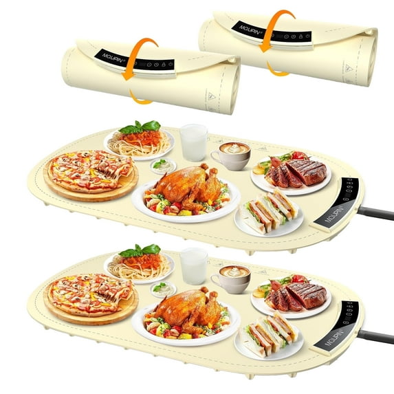 Warming Mat for Food, 2 PCS Food Warming Mat with 7 Temp Settings 1-4 H Timer and Child Safety Lock, Full Surface Heating Roll Up Electric Warming Tray for Gatherings,Parties,Buffet,Daily Use(Beige)