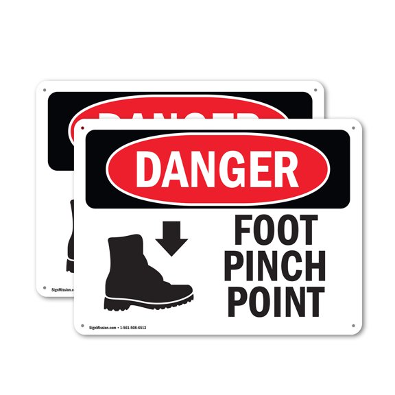(2 Pack) Foot Pinch Point OSHA Danger Sign 10 Inch X 7 Inch Plastic Sign, Weather Resistant, UV Protected for Workplace, Business, and Construction Site, Made in the USA