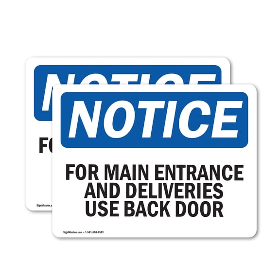 (2 Pack) For Main Entrance And Deliveries Use Back Door OSHA Notice Sign