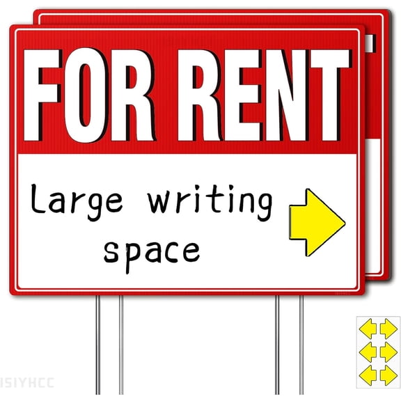 2 Pack For Rent Sign with Stakes, 17x13" Double-Sided Yard - Extra Large Writing Space, Arrow Stickers, Weatherproof for Landlords