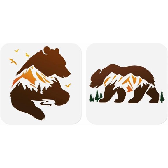 2 Pack Forest Bear Craft Stencils for Drawing 11.8 x 11.8 Inch Reusable Plastic Bear Animal Stencils for Painting on Wood Wall Fabric DIY Home Decor Stencil