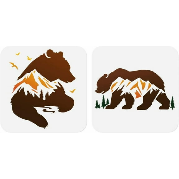 2 Pack Forest Mountain Bear Craft Stencils for Drawing 11.8 x 11.8 Inch Reusable Plastic Mountain Bear Animal Stencils for Painting on Wood Wall Fabric DIY Home Decor Stencil