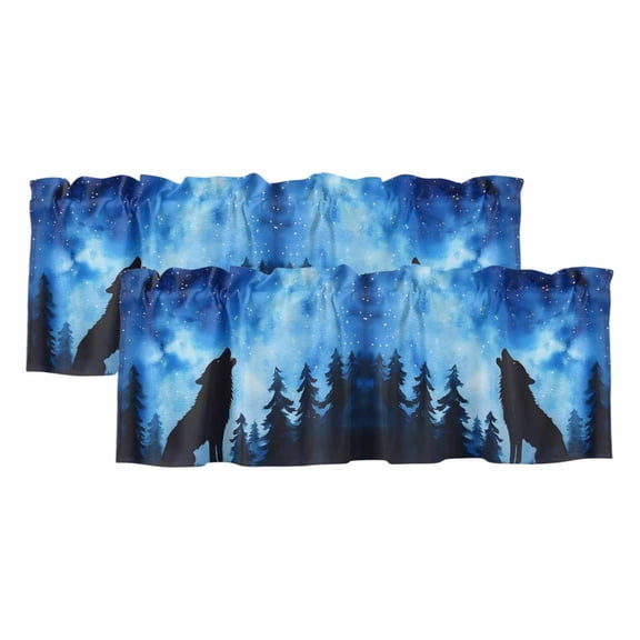 2 Pack Forest Valance for Window Wolf Stars Silhouette Night Blue Sky Kitchen Valance Rod Pocket Short Curtain Topper Decorative Window Treatment for Living Room Bedroom 42"x12"
