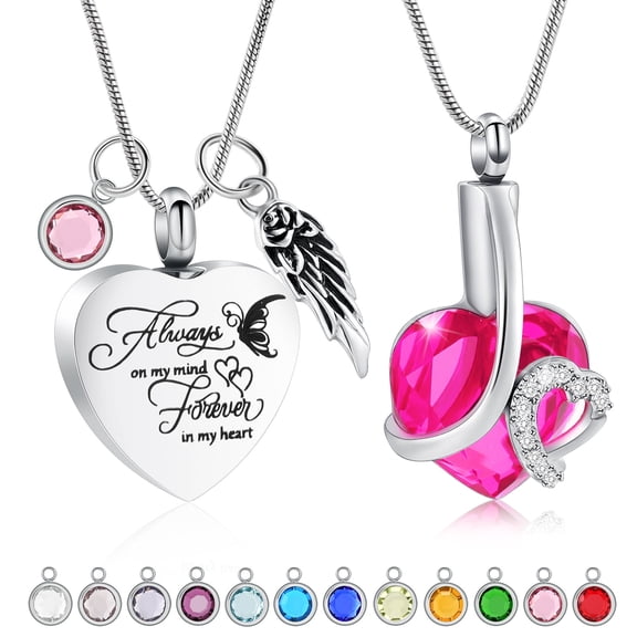 2 Pack-Forever In My Heart Heart Cremation Urn Necklace for Ashes Cremation Jewelry With 12 Simulated Birthstones Urn Necklace for Ashes Remembrance Jewelry