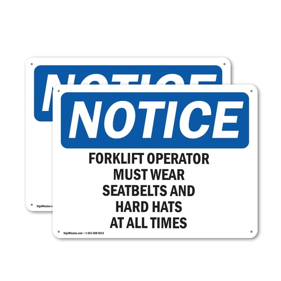 (2 Pack) Forklift Operators Must Wear Seatbelts And OSHA Notice Sign 10 Inch X 7 Inch Plastic Sign, Weather Resistant, UV Protected for Workplace, Business, and Construction Site, Made