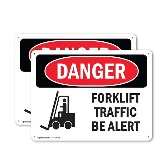 (2 Pack) Forklift Traffic Be Alert OSHA Danger Sign 18 Inch X 12 Inch Indoor / Outdoor Rust-Free Aluminum Metal Signs for Workplace, Workshop, and Construction Site, Made in the USA