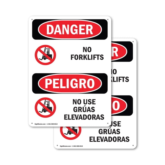(2 Pack) No Forklifts Bilingual OSHA Danger Sign 18 Inch X 24 Inch Plastic Sign, Weather Resistant, UV Protected for Workplace, Business, and Construction Site, Made in the USA