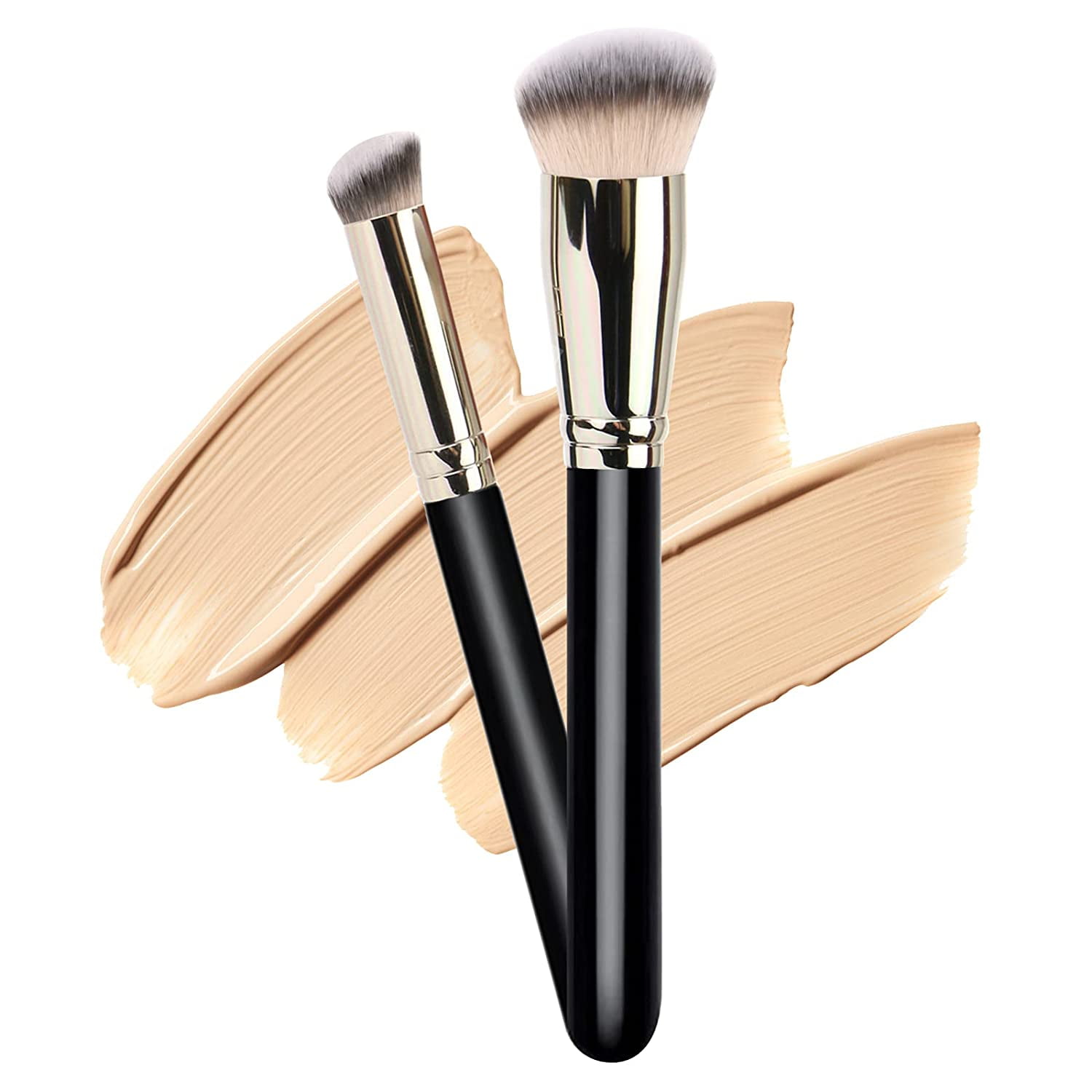 2 Pack Foundation Brush with Round Slanted Makeup Brush and Mini Angled Concealer Brush Flat Top