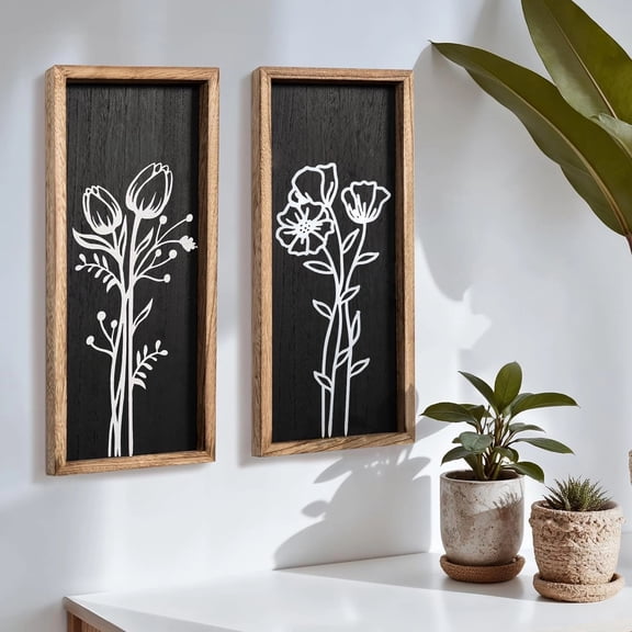 2 Pack Framed Black and White 3D Vintage Living Room Decor Lightweight, Wooden Ready-to-Hang Framed Moody Floral Wall Art for Bathroom, Bedroom or Office - Dark Textured Boho Farmhouse Wall Decor