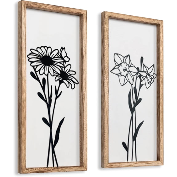 2 Pack Framed Wall Decor 3D Black and White Wall Art (Set of 2) Lightweight, Wooden Ready-to-Hang Framed Floral Wall Art for Bathroom, Bedroom, Living Room or Office Boho Botanical Farmhouse Decor