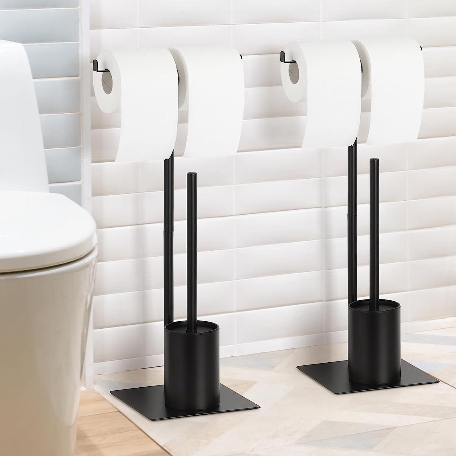 2 Pack Free Standing Toilet Paper Holder Stand and Toilet Brush Set for ...