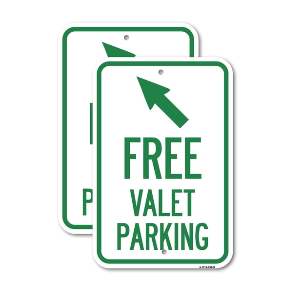 (2 Pack) Free Valet Parking with Upper Left Arrow | 12" X 18" Heavy-Gauge Aluminum Sign | Rust Free Aluminum, Weather Resistant, Waterproof, Fade Resistant, 2 Pre-drilled Holes