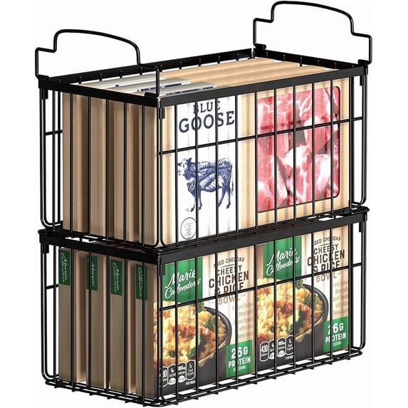 2 Pack Freezer Organizer Bins,Stackable Deep Chest Freezer Pantry Organizer Bin, Foldable Baskets with Handles, Black Storage Container Baskets for 5/ 7 Cu.FT Deep Freezer Sort Frozen Meats