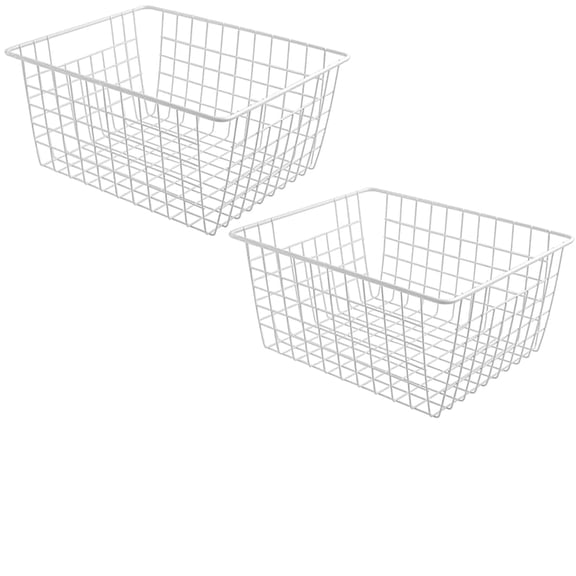 2 Pack Freezer White Wire Baskets for Organizing Office Wire Storage Basket with Built-in Handles, 14" Large White Metal Baskets for Pantry Freezer Kitchen Cabinets
