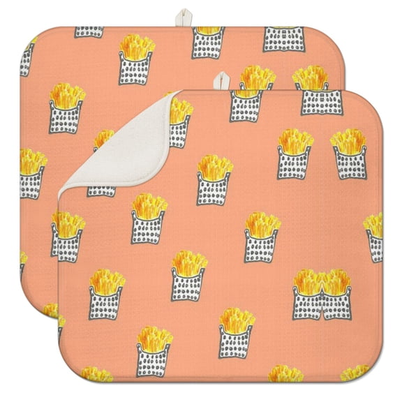 2 Pack French Fries Printed Dish Drying Mats - Super Absorbent Microfiber Kitchen Countertop Protector, Heat Resistant & Foldable Sink Drying Pad for Fries Lover, Cute Snack Theme (18"x16")