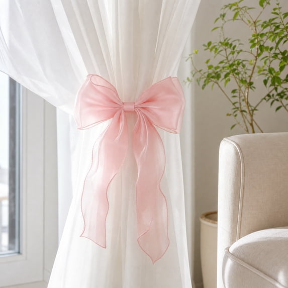 2 Pack French Silky Bow Curtain Tiebacks, Elegant Lace Ribbon for Sheer Curtains Decorative Curtain Rope Accessories for Bedroom Living Room Wedding Decor (Pink,2pcs)