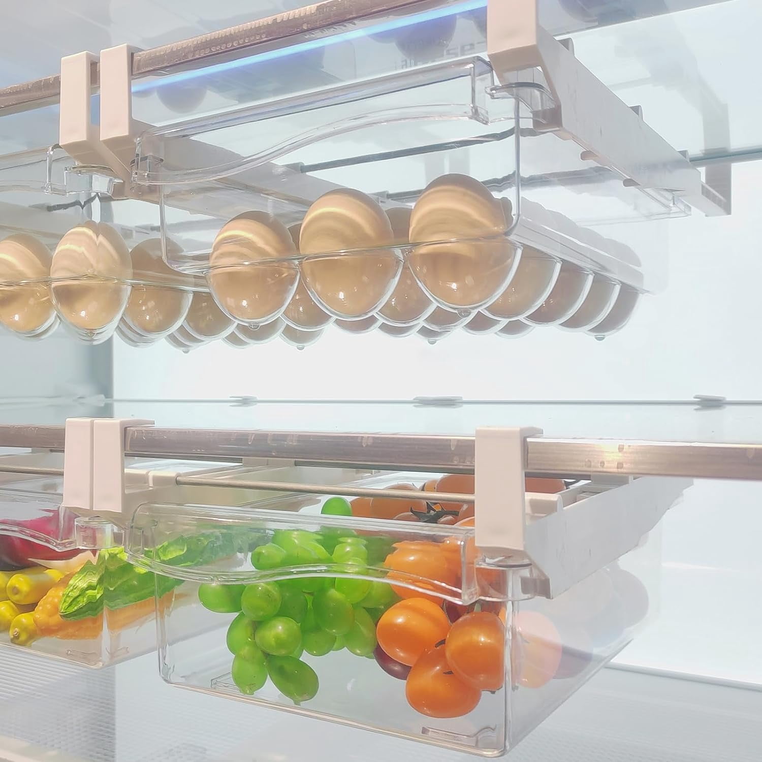 2 Pack Fridge Drawer Organizer Egg Holder For Refrigerator Pull Out, Refrigerator Drawers for Fruit and Vegetable, Transparent Organization and Storage Box Fit for Fridge Shelf