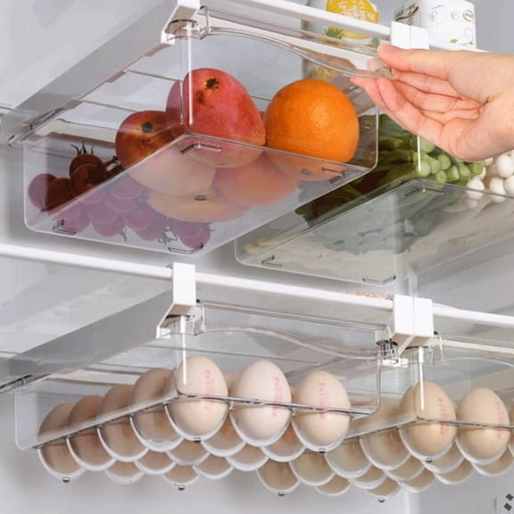 2 Pack Fridge Drawer Organizer - Egg Holder For Refrigerator Pull Out - Transparent Deli Drawer Organization Bin - Meat, Cheese - Sliding Storage Containers for Fridge Shelf Under 1.1"