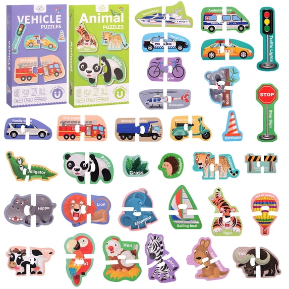 2 Pack Fridge Magnets,Large Size Magnetic Animals and Vehicles,Puzzle Animal and Vehicles Magnets for Refrigerator,Educational Toys Fridge Magnets Toddler Learning Toys