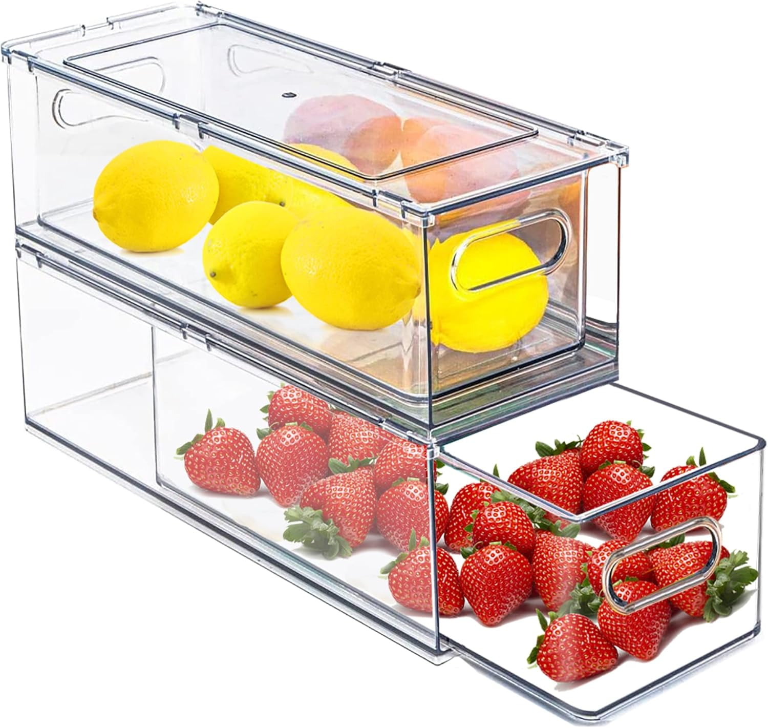 2 Pack Fridge Organizers and Storage with Pull out Drawer, Stackable Storage Drawer, Clear Refrigerator Organizers,  for Kitchen Cabinet Pantry,3.14QT