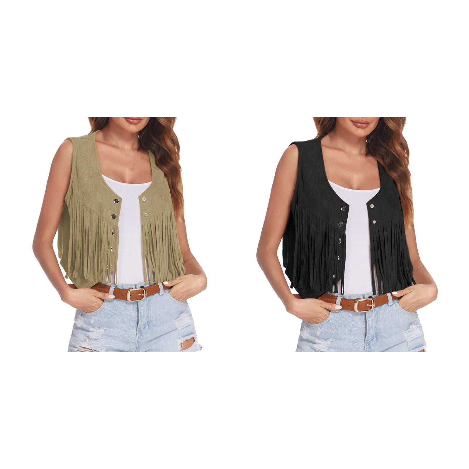 2-Pack,Fringe Vest Women Suede Open-Front Vintage Vest Sleeveless 70s ...