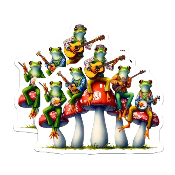 (2 Pack) Frog Band Stickers - Mushroom Seat - Musical Frogs- 5" On Longest Side - Sticks to Smooth Flat Surfaces - Made in USA - BMCS16887