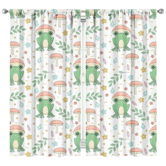 2 Pack Frog Pattern Kitchen Curtains, Green Cartoon Frog & Flower Design Semi-Sheer Window Panels, 42x84 Inch Tier Curtains with Rod Pocket, Nature Inspired Farmhouse Decor