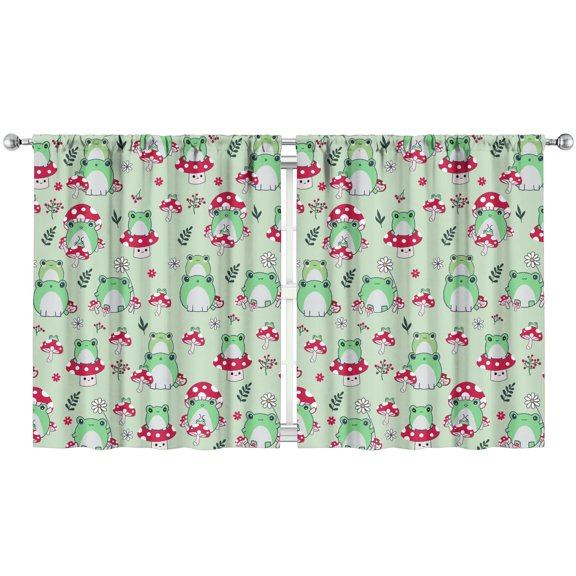 2 Pack Frog Pattern Kitchen Curtains, Green Cartoon Frog & Flower Design Semi-Sheer Window Panels, 52x63 Inch Tier Curtains with Rod Pocket, Nature Inspired Farmhouse Decor