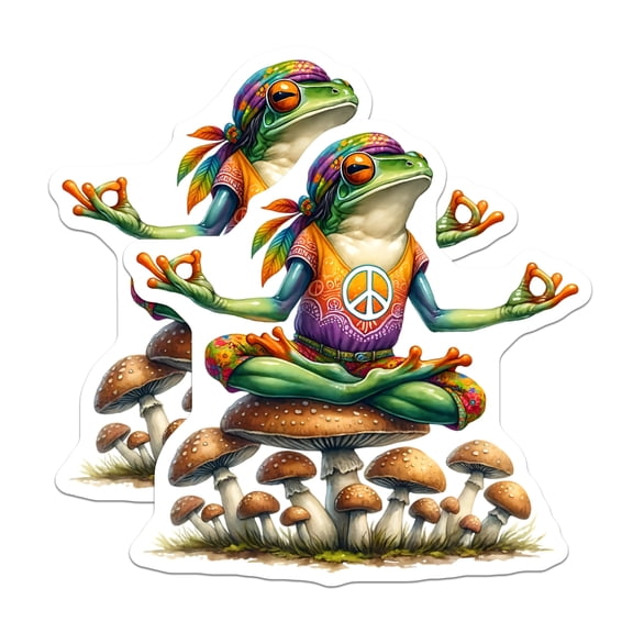 (2 Pack) Frog Stickers - Hippie Meditation - Peace Sign Mushroom Stickers- 5" On Longest Side - Sticks to Smooth Flat Surfaces - Made in USA - BMCS17000