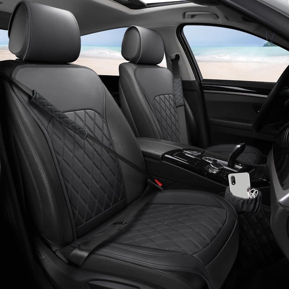2 Pack Front Car Seat Covers, Leather Seat Covers with Storage Pocket and Two Belt Pads, Anti-Slip Waterproof Universal Seat Covers for Cars Fit Cars Trucks SUV, Black