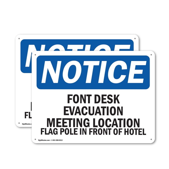 (2 Pack) Front Desk Evacuation Meeting Location Flag OSHA Notice Sign 24 Inch X 18 Inch Indoor / Outdoor Rust-Free Aluminum Metal Signs for Workplace, Workshop, and Construction Site,